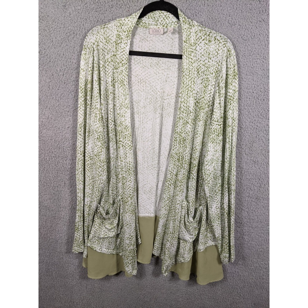 Logo Lori Goldstein Cardigan Sweater Womens XL Green Chiffon Hem Boho-Chic